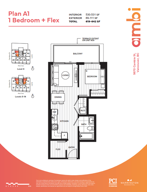 Floor plan for 1 bed, 1 bath, 531 sqft